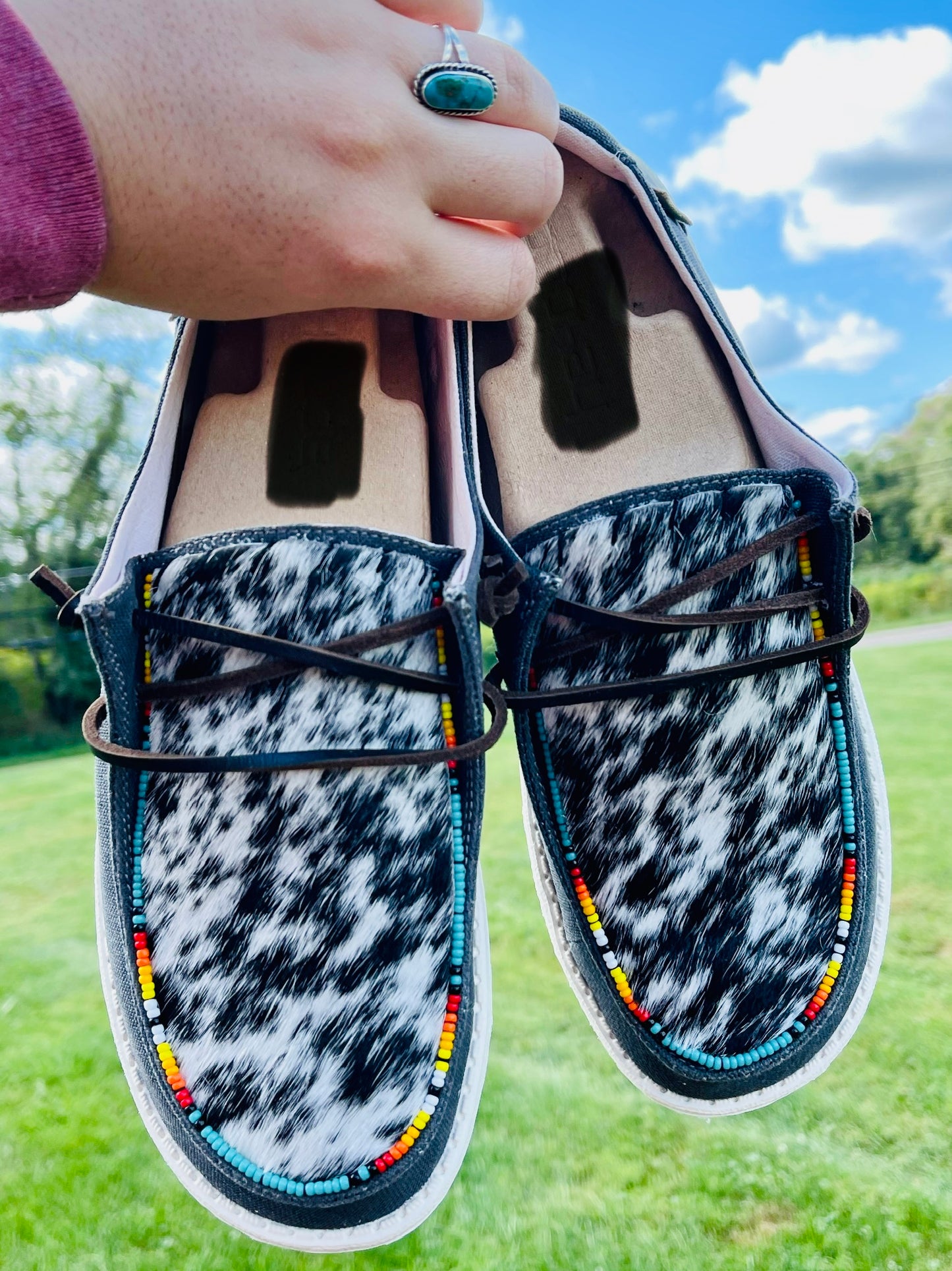 Genuine Beaded+Cowhide Embellished Shoes - Off Black