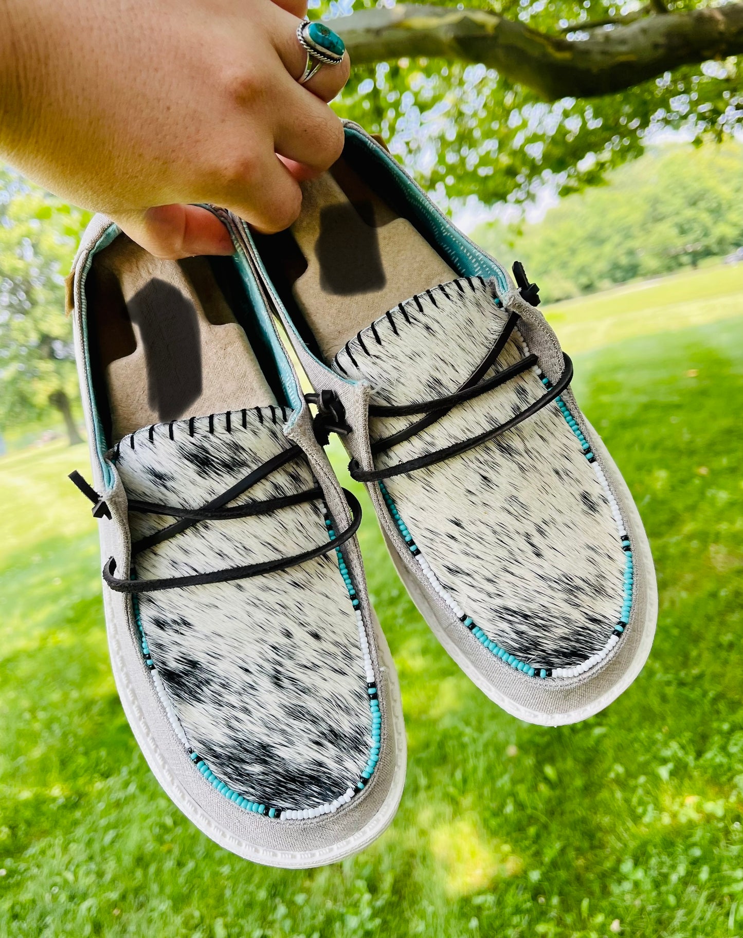 Genuine Beaded+Cowhide Embellished Shoes- Original Beige