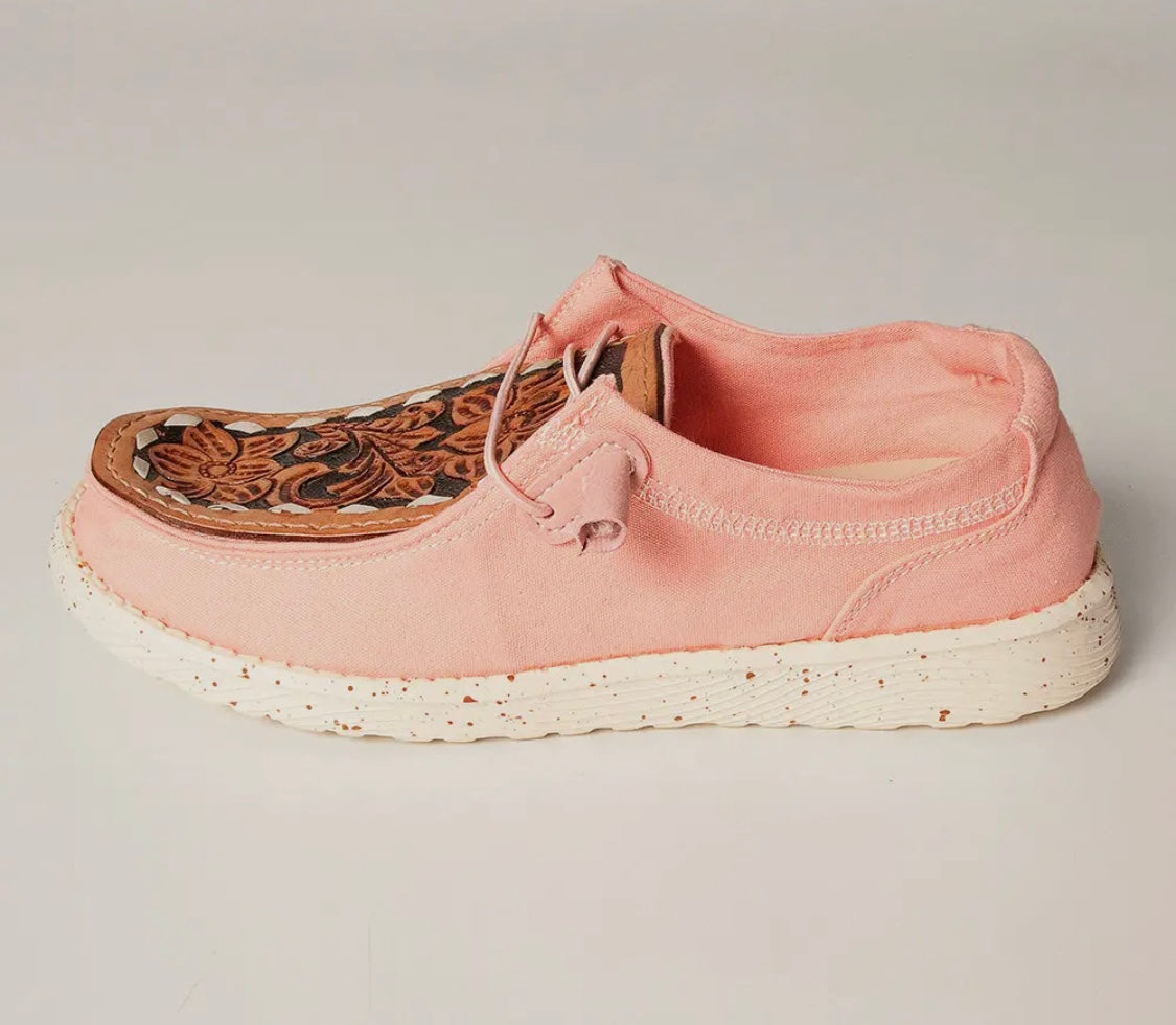 Peach Floral Hand Tooled Leather Shoes
