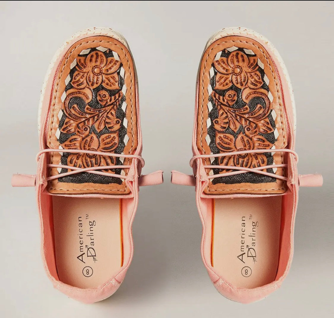 Peach Floral Hand Tooled Leather Shoes
