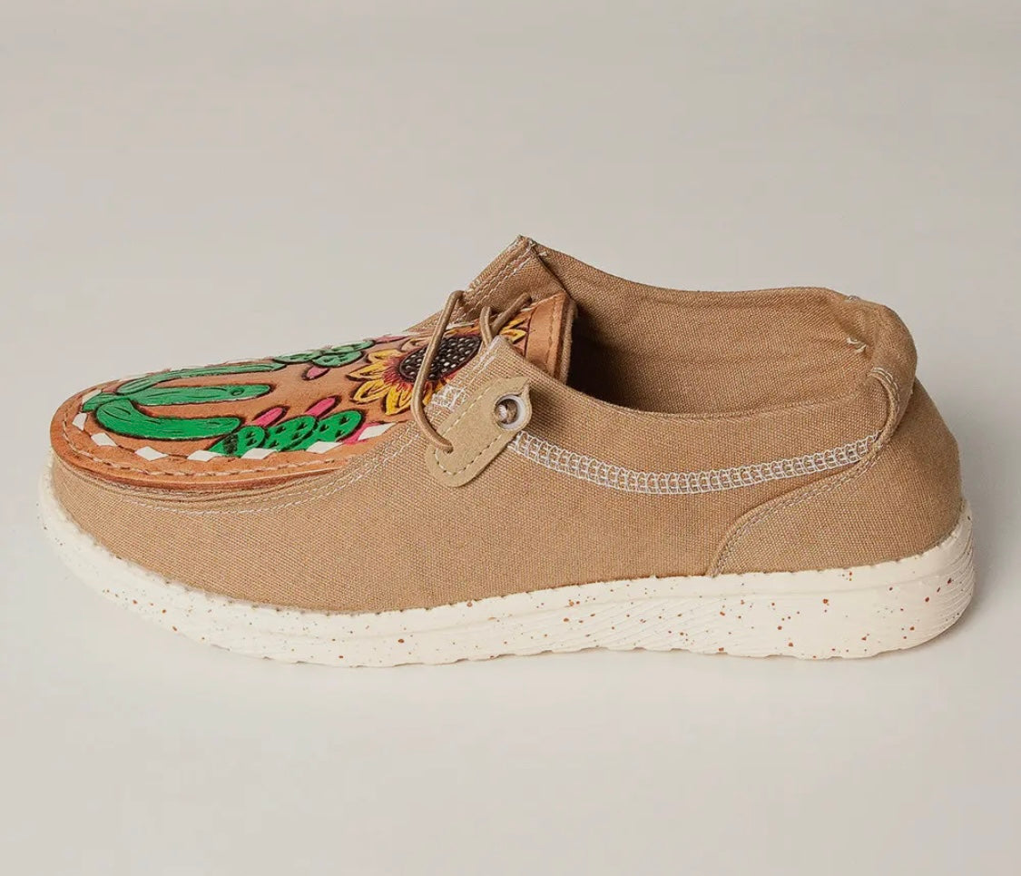 Beige Cactus Hand Tooled Leather Shoes