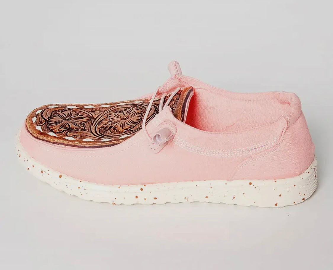 Pink Traditional Hand Tooled Leather Shoes