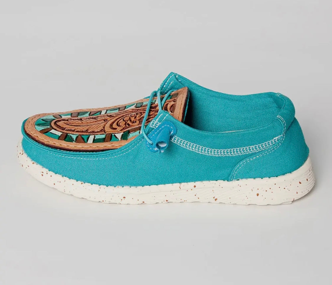 Teal Feather Hand Tooled Leather Shoes