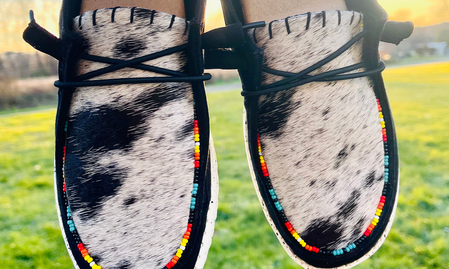 Genuine Beaded+Cowhide Embellished Shoes - Real Black