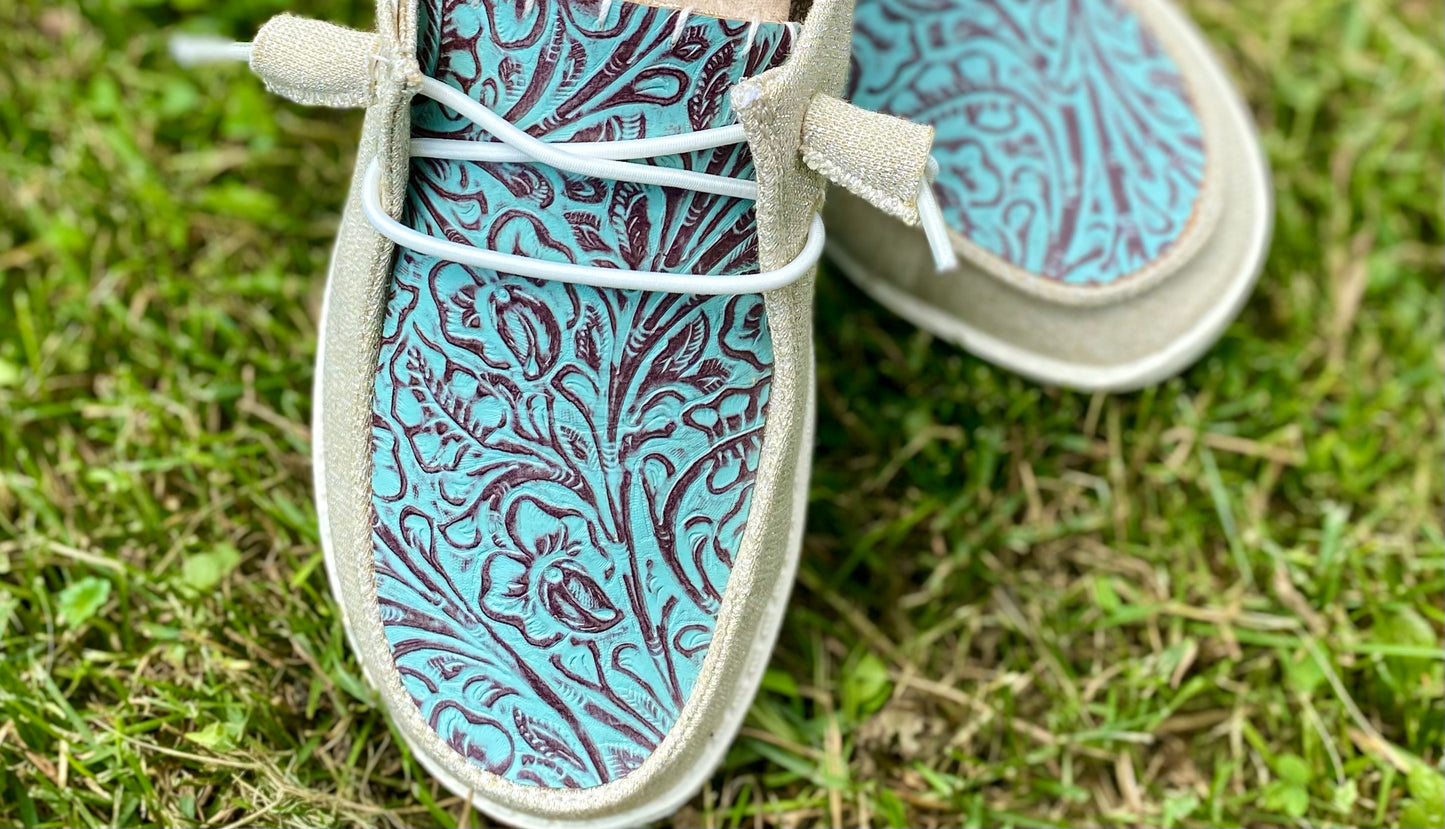 Turquoise Tooled Genuine Leather Hand Embellished Shoes