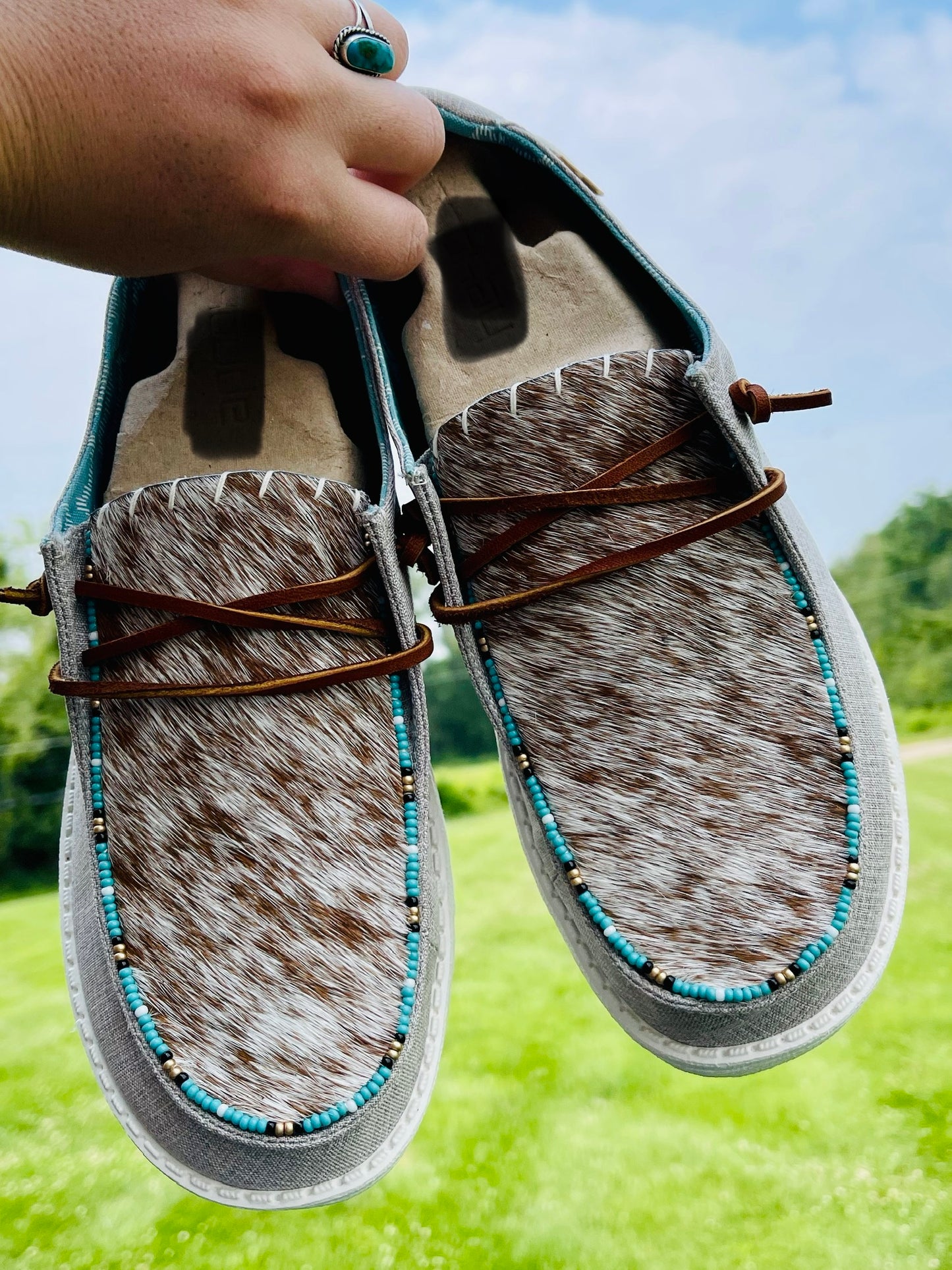 Genuine Beaded+Cowhide Embellished Shoes- Original Brown
