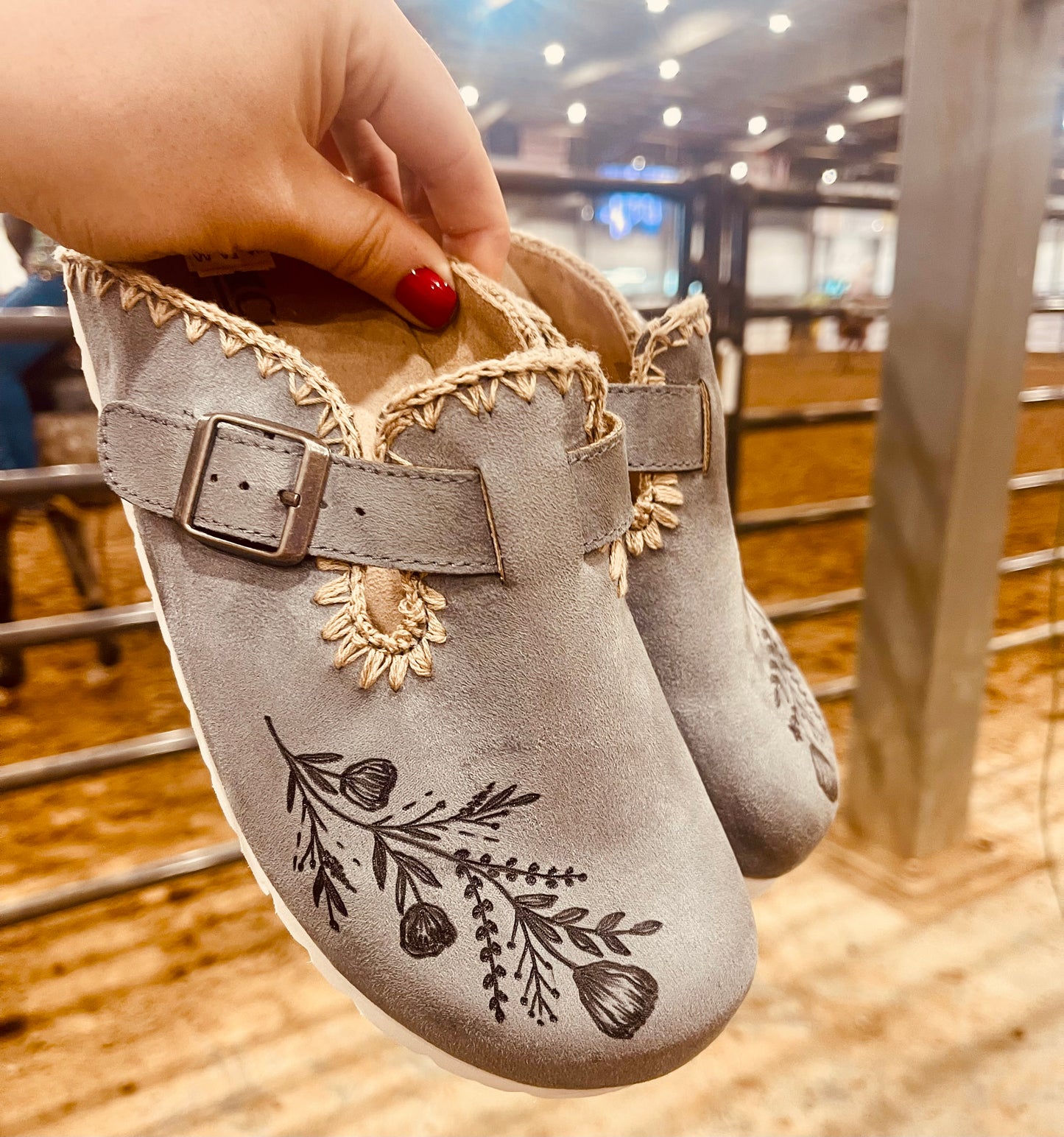 Blue Gray Hand Burned Suede Clogs