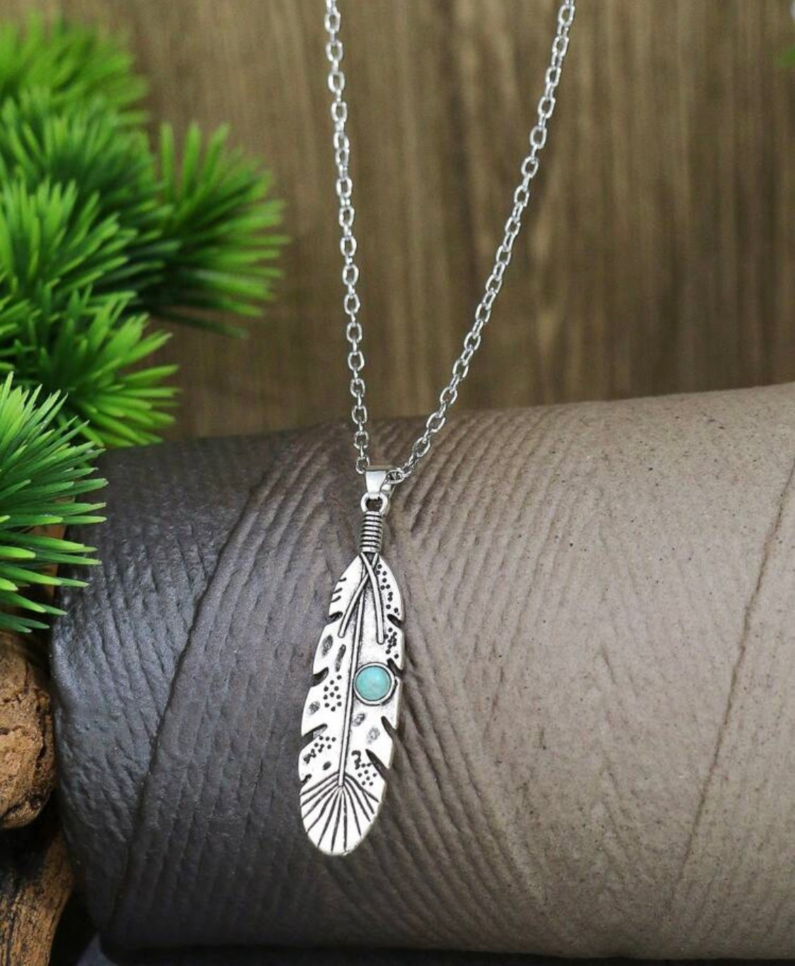 Engraved Feather Pendant Necklace