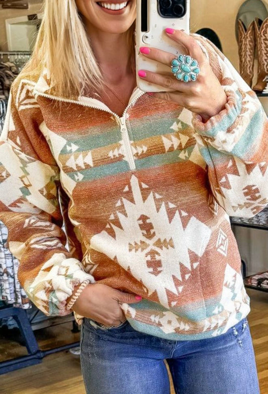 Rust & Sage Aztec Quarter-Zip Pullover