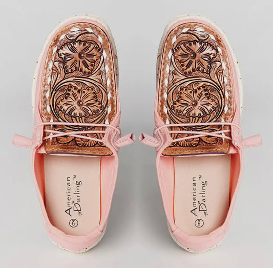 Pink Traditional Hand Tooled Leather Shoes