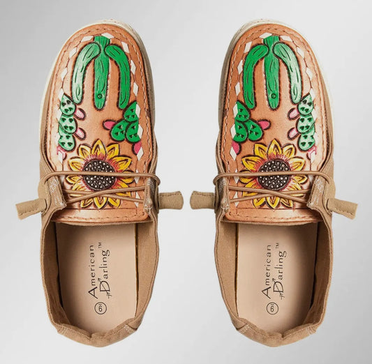 Beige Cactus Hand Tooled Leather Shoes